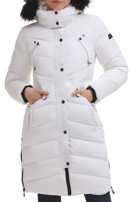Karl Lagerfeld Paris Water Resistant Down & Feather Fill Puffer Jacket with Removable Faux Fur Trim in White