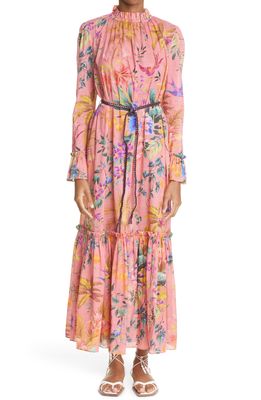 Zimmermann Tropicana Floral Print Frill Long Sleeve Cotton Voile Dress in Coral Floral