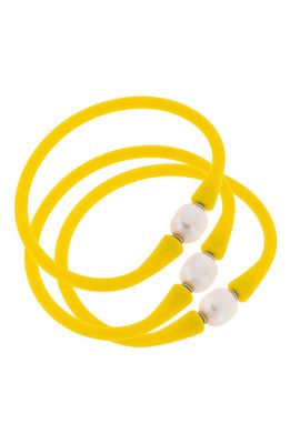 Canvas Jewelry Set of 3 Bali Freshwater Pearl Silicone Bracelets in Yellow