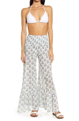 Elan Ruffle Trim Wide Leg Cover-Up Pants in Off White/Navy
