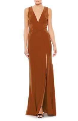 Mac Duggal Wrap Front Sleeveless Jersey Gown in Caramel