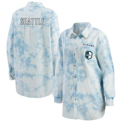 Women's WEAR by Erin Andrews Denim Seattle Seahawks Chambray Acid-Washed Long Sleeve Button-Up Shirt