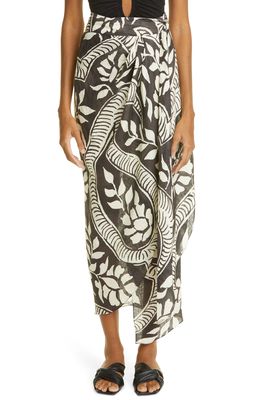 Johanna Ortiz Zebra Found in India Tropical Print Linen Midi Wrap Skirt in Paisley Cardamom Black Ecru