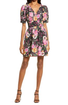 Charles Henry Floral Smocked Waist Minidress in Fuchsia Bouquet