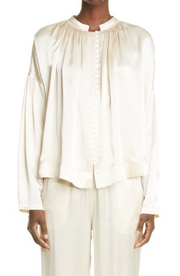 Co Ruched Satin Button-Up Blouse in Ivory
