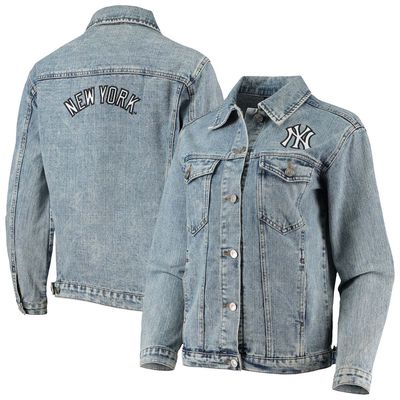 Women's The Wild Collective New York Yankees Team Patch Denim Button-Up Jacket in Blue