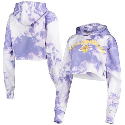FISLL Women's White Los Angeles Lakers Tie-Dye Cropped Pullover Hoodie