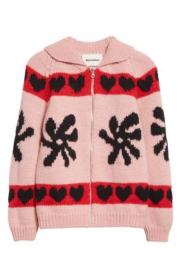 Molly Goddard Heart & Floral Intarsia Lambswool Cardigan in Pink/Red/Black