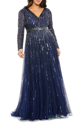 Mac Duggal Sequin Long Sleeve A-Line Gown in Midnight