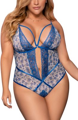 Mapale Floral Print Open Gusset Teddy in Blossom Blue