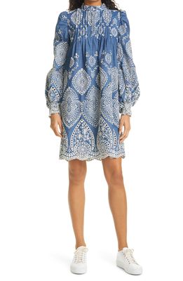 MUNTHE Tepic Embroidered Eyelet Long Sleeve Cotton Shift Dress in Blue