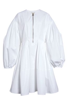 Alexander McQueen Cocoon Long Sleeve Poplin Fit & Flare Dress in Optical White
