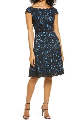 Shani Laser Cut Floral Off the Shoulder Fit & Flare Cocktail Dress in Black/Blue