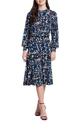Maggy London Floral Raglan Long Sleeve Midi Dress in Deep Navy/Ink Blue