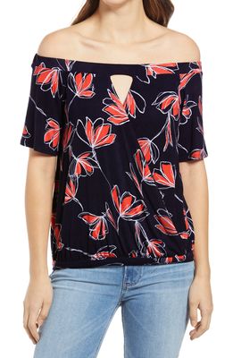 Loveappella Loveapella Off the Shoulder Faux WrapTop in Navy/Coral