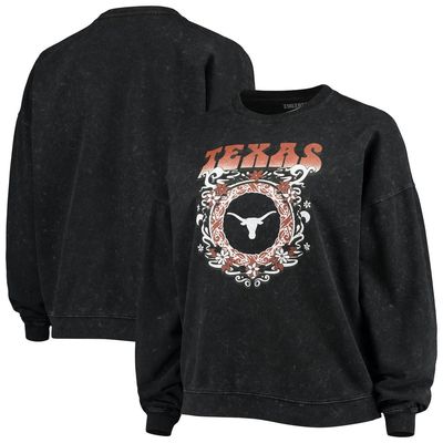 Women's ZooZatz Black Texas Longhorns Garment Wash Oversized Vintage Pullover Sweatshirt
