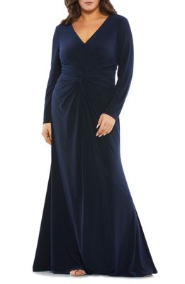 Mac Duggal Ruched Long Sleeve Jersey Trumpet Gown in Midnight