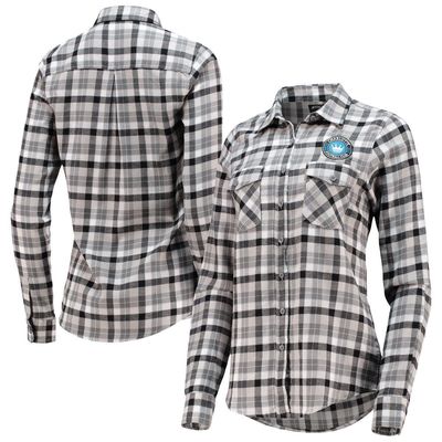 Women's Antigua Black/Gray Charlotte FC Ease Flannel Long Sleeve Button-Up Shirt