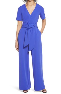 Badgley Mischka Collection Tie Front Short Sleeve Stretch Crepe Jumpsuit in Periwinkle