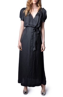Zadig & Voltaire Rity Button V-Neck Satin Maxi Dress in Anthracite