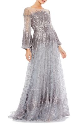 Mac Duggal Sequin Long Sleeve A-Line Gown in Platinum
