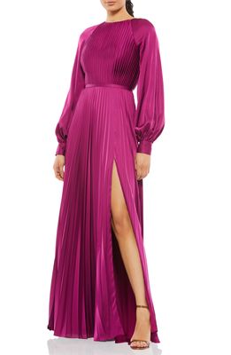 Mac Duggal Pleated Long Sleeve Satin A-Line Gown in Berry