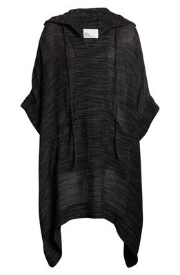 Lisa Marie Fernandez Linen Blend Hooded Cover-Up Poncho in Black/White Open Weave Gauze