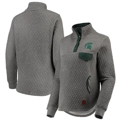 Women's Pressbox Heathered Gray/Green Michigan State Spartans Magnum Quilted Quarter-Snap Pullover Jacket in Heather Gray