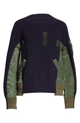 Sacai Hybrid Cotton & Nylon MA-1 Sweater in Navy