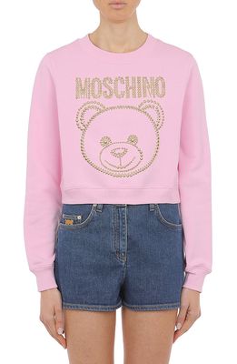 Moschino Studded Bear Logo Crop Sweatshirt in Fantasy Print Pink