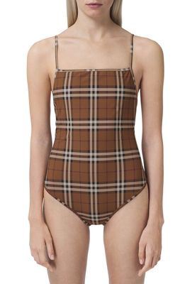 Burberry Delia Check One-Piece Swimsuit in Dark Birch Brown Ck