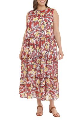 Maggy London Floral Print Tiered Maxi Dress in Red Wine/Blazing Orange