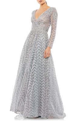 Mac Duggal Embellished Long Sleeve Mesh A-Line Gown in Platinum