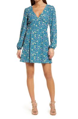 Charles Henry Long Sleeve Floral Mini Dress in Teal/Gold Ditsy