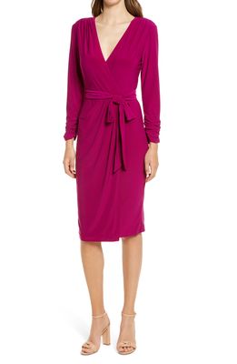 Eliza J Ruched Long Sleeve Faux Wrap Dress in Magenta