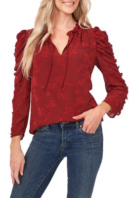 CeCe Floral Jacquard Long Sleeve Blouse in Claret Red