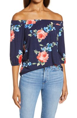 Loveappella Floral Off the Shoulder Top in Navy