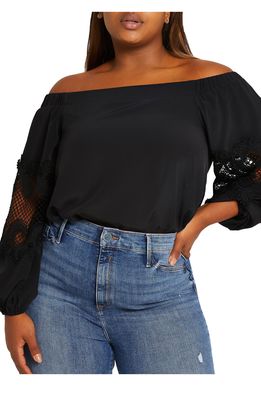 River Island Lace Inset Off the Shoulder Top in Black