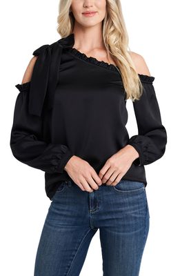 CeCe One-Shoulder Ruffle Bow Blouse in Rich Black