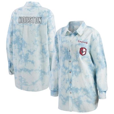Women's WEAR by Erin Andrews Denim Houston Texans Chambray Acid-Washed Long Sleeve Button-Up Shirt
