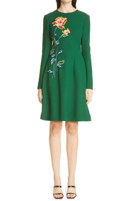 Lela Rose Floral Embroidered Long Sleeve Wool Blend A-Line Dress in Emerald