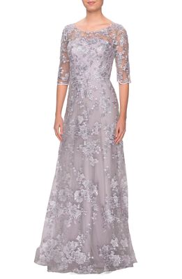 La Femme Shimmer Lace A-Line Gown in Lavender Grey