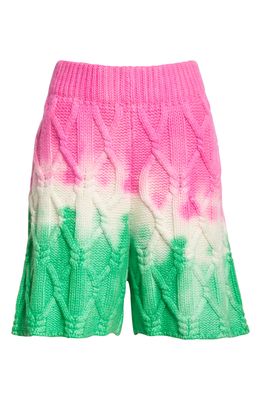 The Elder Statesman Unisex Dip Dye Cable Knit Cashmere Shorts in Ivory W/Electric Pink/Gecko