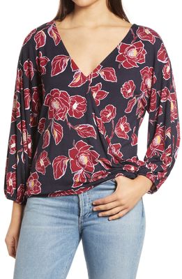 Loveappella Floral Print Double Surplice Knit Top in Navy/Burgundy