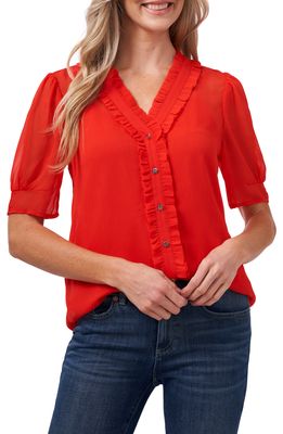 CeCe Ruffle Detail Puff Sleeve Chiffon Blouse in Coral Sunset