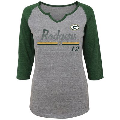 Outerstuff Women's Juniors Aaron Rodgers Heathered Gray/Green Green Bay Packers Over the Line Player Name & Number Tri-Blend 3/4-Sleeve V-Notch
