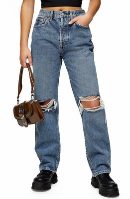 Topshop Double Ripped Knee Nonstretch Dad Jeans in Mid Denim