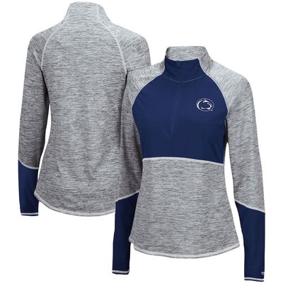 Women's Colosseum Heathered Gray/Navy Penn State Nittany Lions Color Block Space-Dye Raglan Quarter-Zip Top in Heather Gray