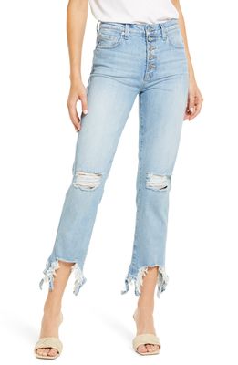7 For All Mankind High Waist Button Fly Chew Hem Crop Straight Leg Jeans in Blue Breeze