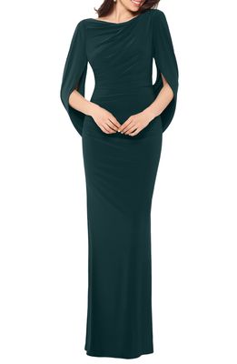 Betsy & Adam Drape Sleeves Trumpet Evening Gown in Forest